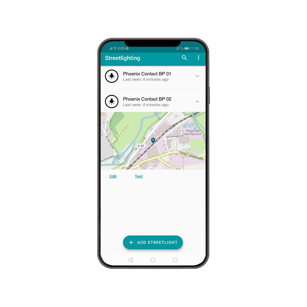  Mit der benutzerfreundlichen Inbetriebnahme-App kann der Servicetechniker die Straßenleuchte schnell verorten und testen